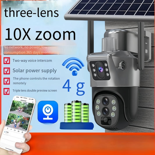 Caméra de sécurité solaire extérieure sans fil, vision nocturne HD 1080P, 3 objectifs, double image, étanche IP65, moniteur sans fil